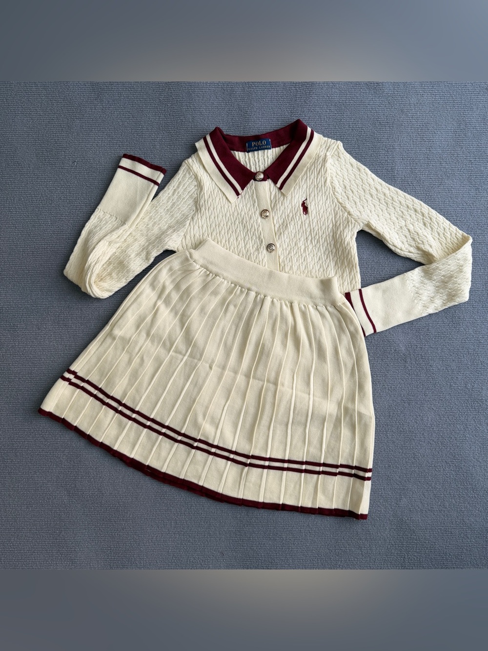 Polo by Ralph Lauren Cream Knit Pleated Romper with Burgundy Trim